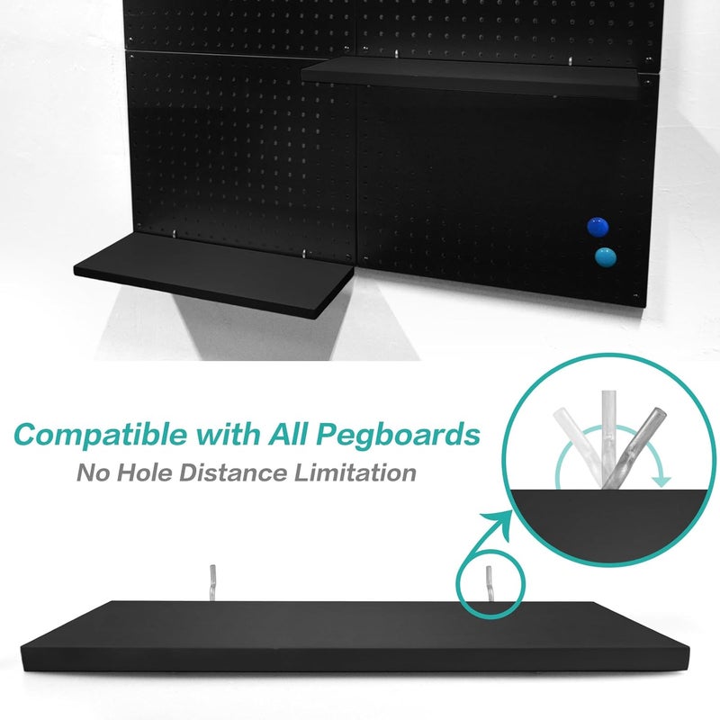 WOWKIT Pegboard Shelves, 16" x 6" Large Peg Board Racks 2Pack Wall Organizer Shelf, 1/4inch Heavy Duty Metal Brackets Fit All Pegboards, Wood Slats, Craft Garage Workbench Office Shelving Accessories (Black) - Image 5